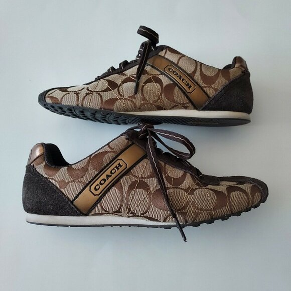 Coach Renata Signature Jacquard Monogram Logo Lace Tie Suede Brown Sneakers - Picture 1 of 5